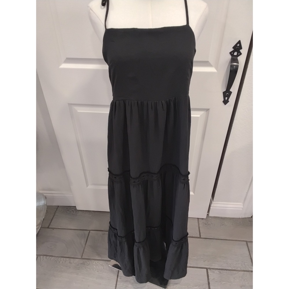 Paper Moon Black Tiered‎ Maxi Dress Tie Shoulder Tassel Smocked Back Medium